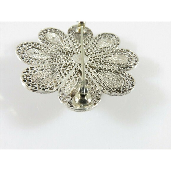 Unusual Lovely 800 Silver Filigree Flower Brooch with Butterfly in the Center - Picture 8 of 11